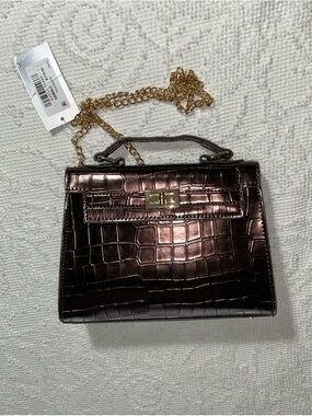Nina Structured Mini Satchel Croco-Embossed Dark Chocolate Faux Leather NWT